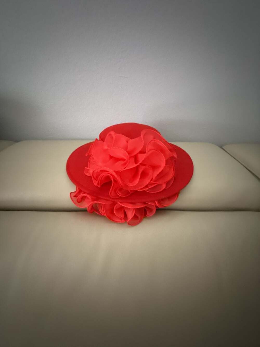 Sonni San Francisco Vintage Red Wool Wide Brim Hat with Organza Ruffle Flower